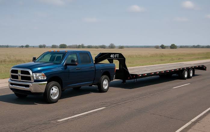 Expedited hotshot truck and flatbed trailer on highway